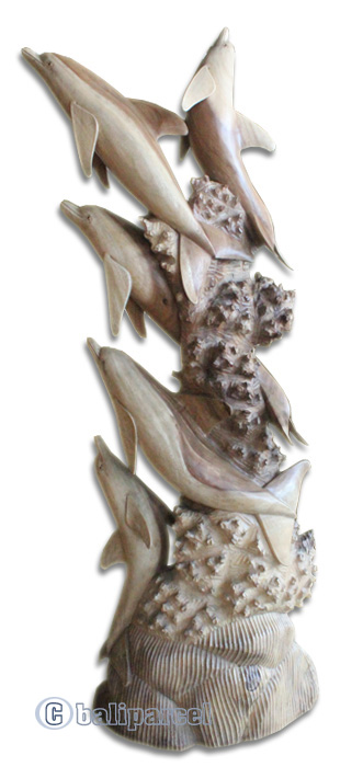 Wooden 5 Dolphins, Hand Carved From Suar Wood