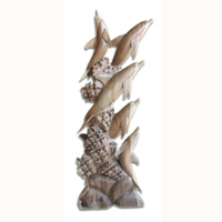 Wooden 5 Dolphins, Hand Carved From Suar Wood