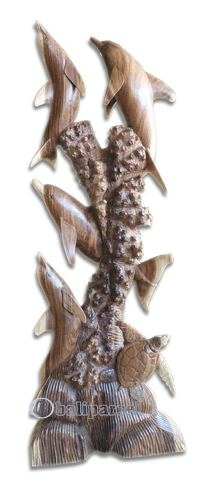 Wooden 4 Dolphins With Turtle, Hand Carved From Suar Wood