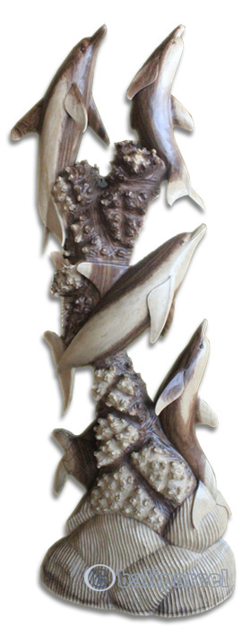 Wooden 4 Dolphins With Turtle, Hand Carved From Suar Wood