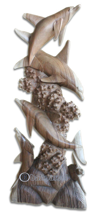 Wooden 4 Dolphins With Turtle, Hand Carved From Suar Wood
