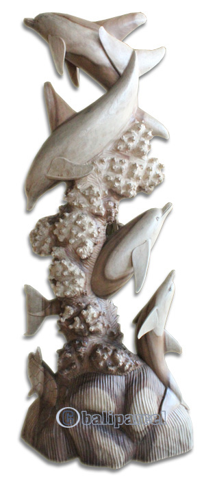 Wooden 4 Dolphins With Turtle, Hand Carved From Suar Wood