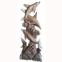 Wooden 4 Dolphins With Turtle, Hand Carved From Suar Wood
