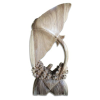 Wooden Manta Ray With Turtle, Handcarved From Suar Wood