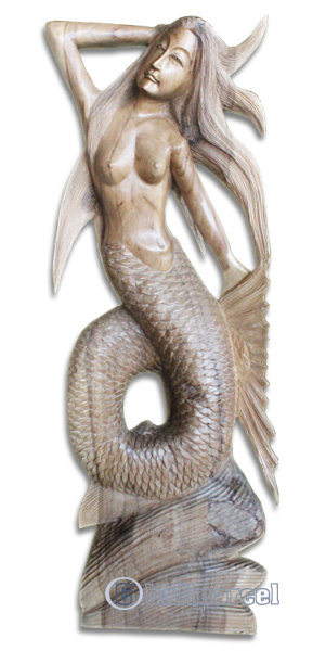 Wooden Mermaid, Hand Carved From Suar Wood With Natural Polished