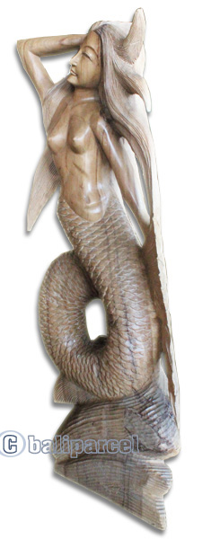 Wooden Mermaid, Hand Carved From Suar Wood With Natural Polished