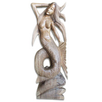Wooden Mermaid, Hand Carved From Suar Wood With Natural Polished