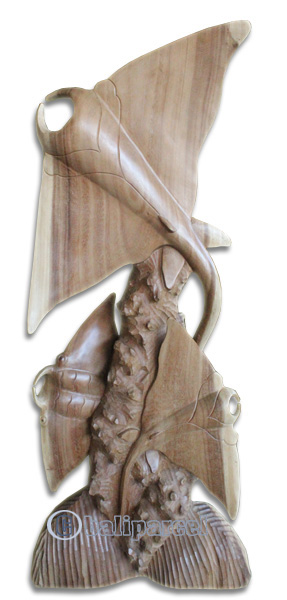 Handcarved Wooden 3 Manta Ray, Made From Suar Wood Natural Polished