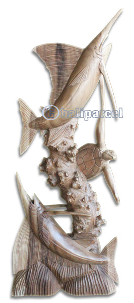 Wooden 2 Marlin Fish With Turtle, Hand Carved From Suar Wood