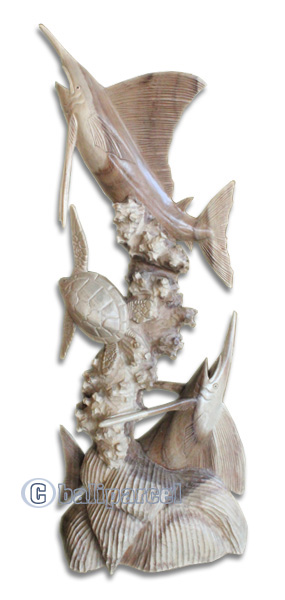 Wooden 2 Marlin Fish With Turtle, Hand Carved From Suar Wood
