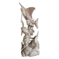 Wooden 2 Marlin Fish With Turtle, Hand Carved From Suar Wood