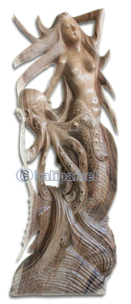 Wooden Octopus And Mermaid, Hand Carved From Suar Wood