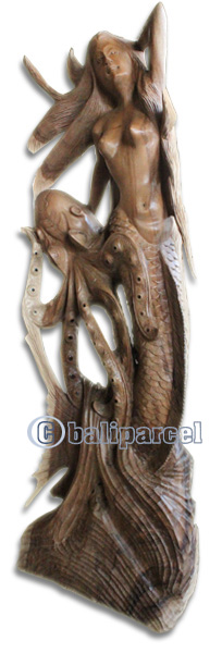 Wooden Octopus And Mermaid, Hand Carved From Suar Wood