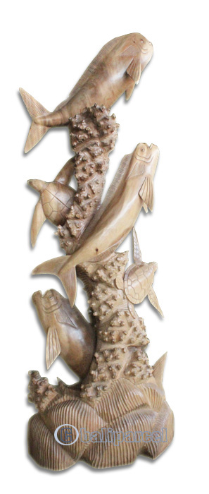 Wooden 3 Fish With 2 Turtle, Hand Carved From Suar Wood