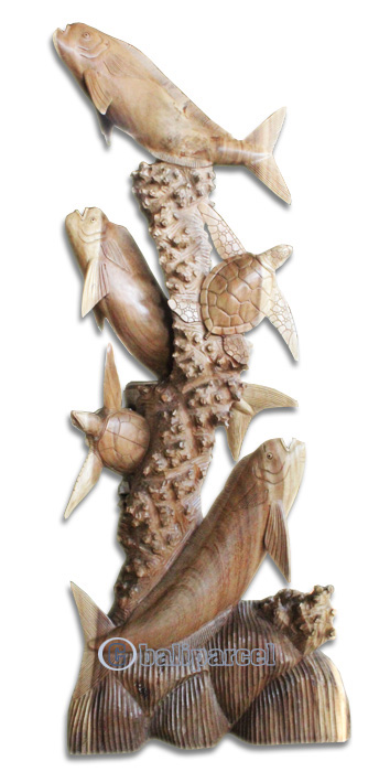 Wooden 3 Fish With 2 Turtle, Hand Carved From Suar Wood