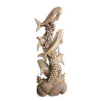 Wooden 3 Fish With 2 Turtle, Hand Carved From Suar Wood