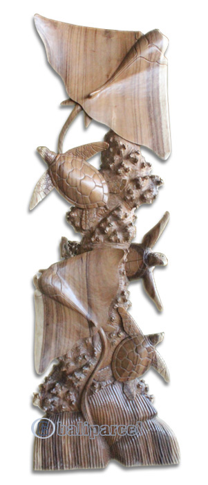 Wooden 2 Manta Ray With 3 Turtle, Hand Made From Suar Wood Natural Polished