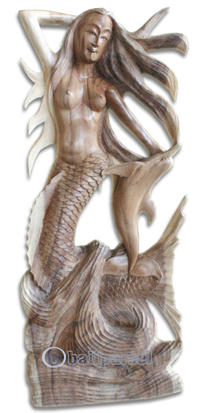Wooden Mermaid With Dolphin, Hand Carved From Suar Wood