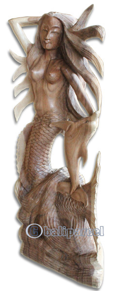 Wooden Mermaid With Dolphin, Hand Carved From Suar Wood