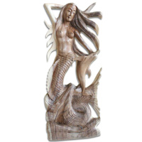 Wooden Mermaid With Dolphin, Hand Carved From Suar Wood
