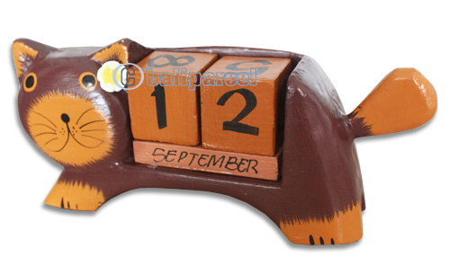 Wooden Calendar With Cat, Hadmade From Albesia Wood
