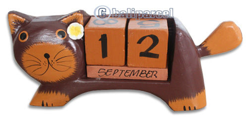 Wooden Calendar With Cat, Hadmade From Albesia Wood