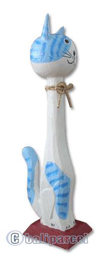 Wooden Cat With Painted, Hand Carved From Albesia Wood