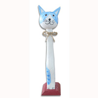 Wooden Cat With Painted, Hand Carved From Albesia Wood
