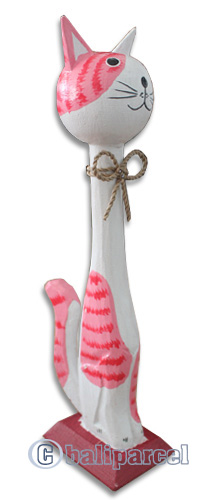 Wooden Cat With Painted, Hand Carved From Albesia Wood