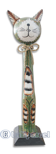 Wooden Cat With Painted, Hand Carved From Albesia Wood
