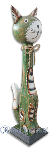 Wooden Cat With Painted, Hand Carved From Albesia Wood