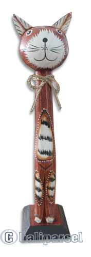 Wooden Cat With Painted, Hand Carved From Albesia Wood