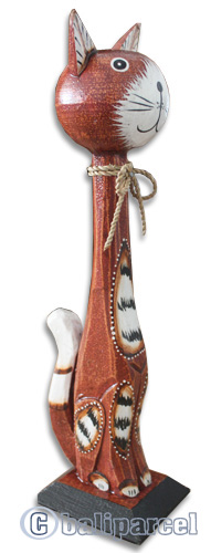 Wooden Cat With Painted, Hand Carved From Albesia Wood
