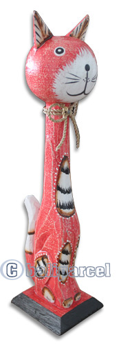 Wooden Cat With Painted, Hand Carved From Albesia Wood
