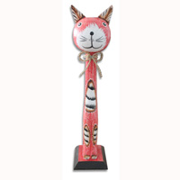 Wooden Cat With Painted, Hand Carved From Albesia Wood
