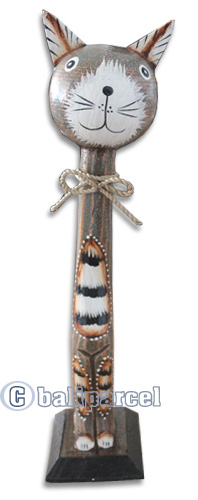 Wooden Cat With Painted, Hand Carved From Albesia Wood