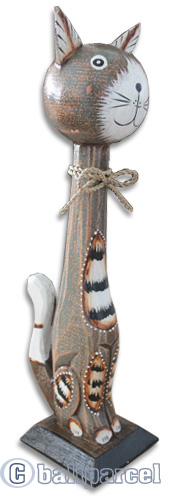Wooden Cat With Painted, Hand Carved From Albesia Wood