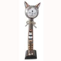Wooden Cat With Painted, Hand Carved From Albesia Wood