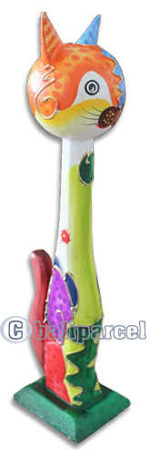 Wooden Cat With Crazy Color  Hand Carved From Albesia Wood