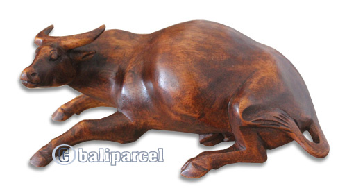 Wooden Bull, Hand Carved From Suar Wood With Brown Polished