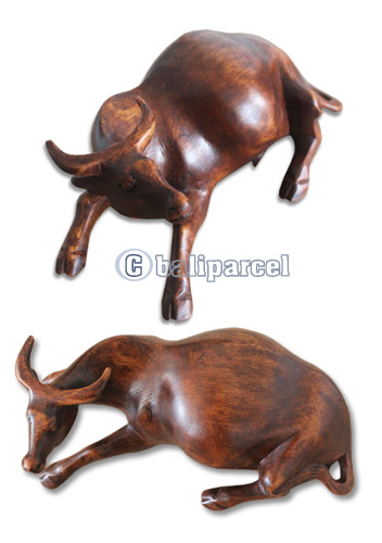 Wooden Bull, Hand Carved From Suar Wood With Brown Polished