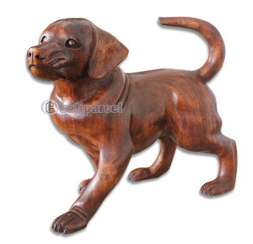 Wooden Dog, Hand Carved From Suar Wood With Brown Polished