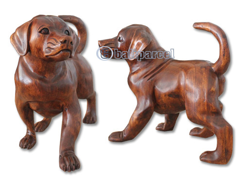 Wooden Dog, Hand Carved From Suar Wood With Brown Polished