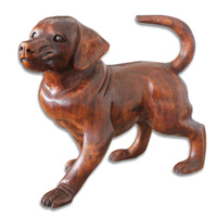 Wooden Dog, Hand Carved From Suar Wood With Brown Polished
