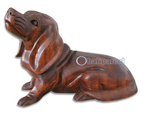 Wooden Dog, Hand Carved From Suar Wood With Brown Polished