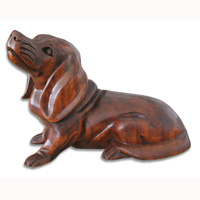 Wooden Dog, Hand Carved From Suar Wood With Brown Polished