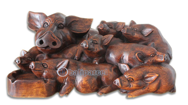 Wooden Pig Hand Carved From Suar Wood With Brown Polished