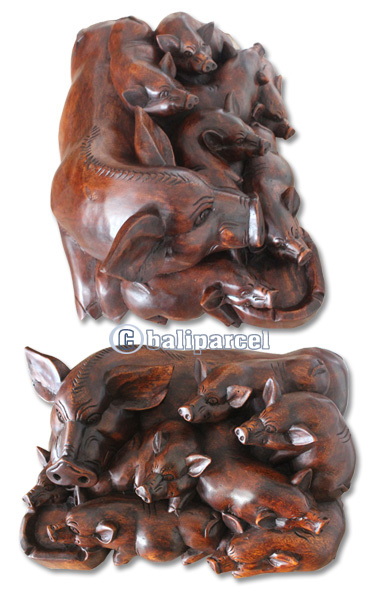 Wooden Pig Hand Carved From Suar Wood With Brown Polished