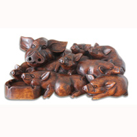 Wooden Pig Hand Carved From Suar Wood With Brown Polished