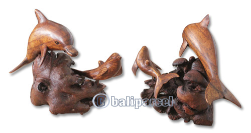 Wooden 2 Dolphin With Parasite Wood Hand Made From Hibiscus Wood